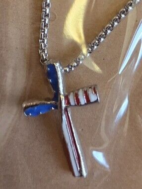 Unisex Silver Cross Pendant Necklace with Red, White & Blue Enamel